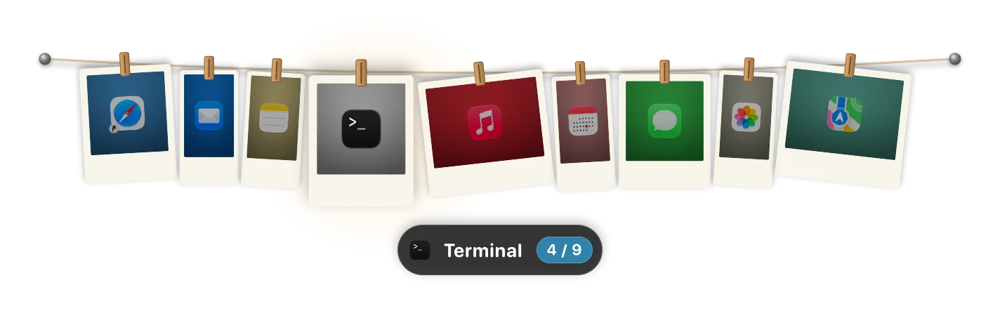 Ribbon's strip map in the Polaroids style, nine windows with Terminal focused