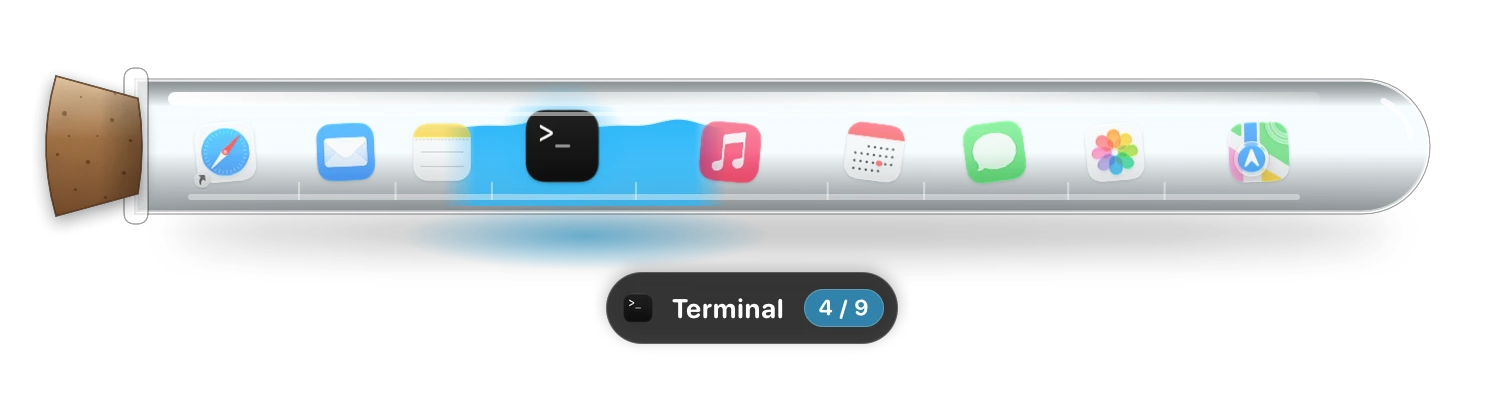 Ribbon's strip map in the Test Tube style, nine windows with Terminal focused